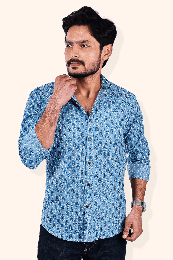 Blue Floral Full Sleeve Cotton Printed Shirt for men