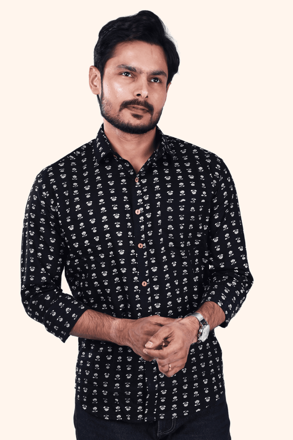 Black Floral Full Sleeve Jaipuri Printed Shirt For Men